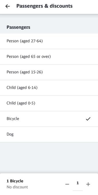 DB Navigator screenshot: Passengers & Discount section, where you can select a bicycle alone or together with a passenger.