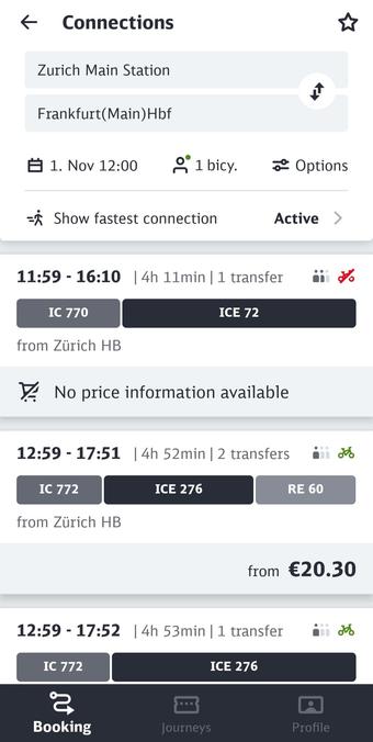Connection search, showing connections with and without bicycle spot available. Standalone bicycle ticket Zurich-Frankfurt listed for 20.30€.