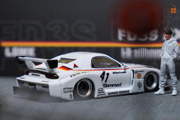A right side of Mazda RX-7 FD3S, LB-Super Silhouette, Numero Réservé livery by iNNO64 in 1:64 scale on AREA 164