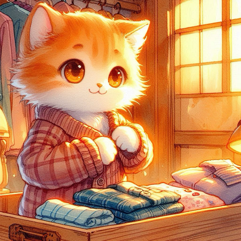 暖かい長袖のパジャマをタンスから取り出して着替えている子猫。