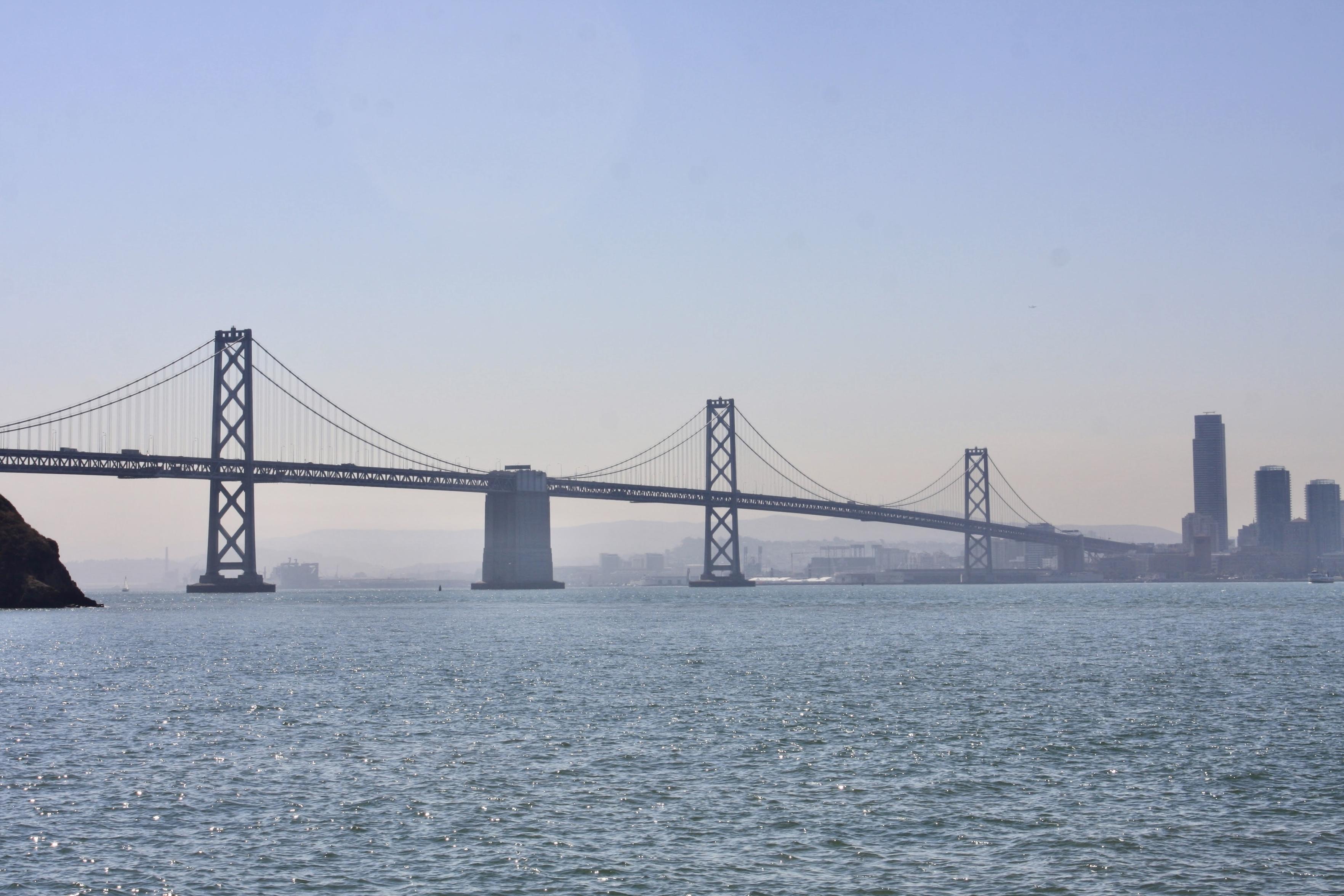 A view from Treasure Island of the San Francisco Oakland Bay Bridge. Taken from the bus stop. Circa Sept 2012.