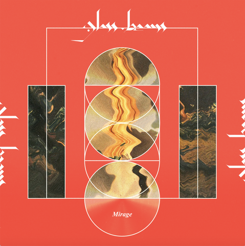 Cover image from Glass Beams album, "Mirage" shows four intersecting circles flanked by two rectangles with white lines through each, several segments of which enclose wavy images of unclear subject on a Carmine pink background.
The name "glass beams" appears in strongly italic typeface at the top bisected horizontally by a white line and the top half along each side. At the bottom is the title "Mirage" in an italic font.