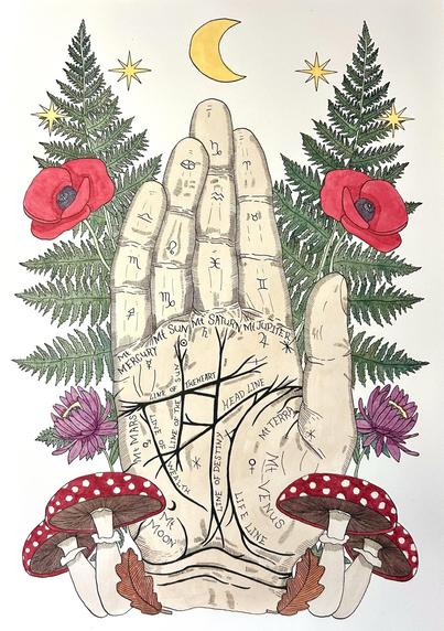 An illustration of a palmistry hand with an oak leaf, two fungi, and aster a fern and a poppy on either side. An arch of stars with a crescent moon in the middle runs across the top.