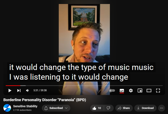 https://www.youtube.com/watch?v=blsqvLDLoHs
Borderline Personality Disorder "Paranoia" (BPD)
68 views  23 Sept 2024
In this episode of the BPD Live Show with Sensitive Stability, host Kevin Reynolds discusses the topic  "Paranoia". As a BPD survivor himself, Kevin provides insights into his process of coaching clients through BPD, emphasizing the importance of personal connections and understanding individual stories.