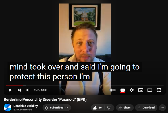 https://www.youtube.com/watch?v=blsqvLDLoHs
Borderline Personality Disorder "Paranoia" (BPD)
68 views  23 Sept 2024
In this episode of the BPD Live Show with Sensitive Stability, host Kevin Reynolds discusses the topic  "Paranoia". As a BPD survivor himself, Kevin provides insights into his process of coaching clients through BPD, emphasizing the importance of personal connections and understanding individual stories.