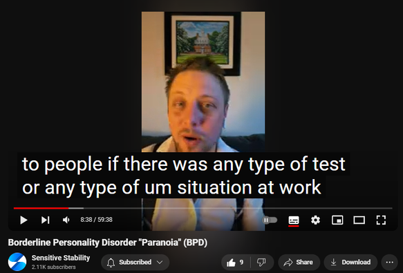 https://www.youtube.com/watch?v=blsqvLDLoHs&t=443s
Borderline Personality Disorder "Paranoia" (BPD)


68 views  23 Sept 2024
In this episode of the BPD Live Show with Sensitive Stability, host Kevin Reynolds discusses the topic  "Paranoia". As a BPD survivor himself, Kevin provides insights into his process of coaching clients through BPD, emphasizing the importance of personal connections and understanding individual stories.