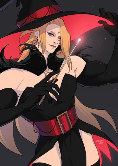 Zenos yae Galvus from the MMORPF Final Fantasy XIV in a revealing black and red witch costume swinging a magic wand and smirking at the viewer