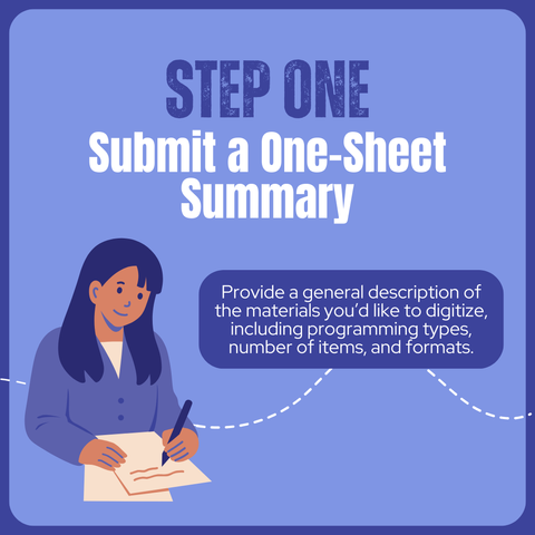 Step One.

Submit a One-Sheet Summary: Provide a general description of the materials you’d like to digitize, including programming types, number of items, and formats.