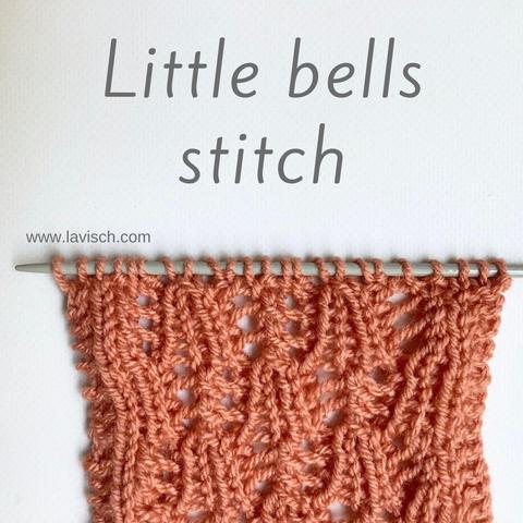 A swatch showing the little bells stitch in salmon pink yarn on a gray knitting needle
