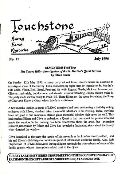 The front cover of Touchstone: Surrey Earth Mysteries No 45 for July 1996. Plain white with title panel and the first page of a report of the SEMG/TEMS field trip to the Surrey Hills by Eileen Roche.