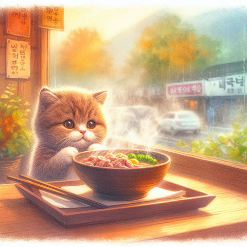 テーブル上に湯気の立つ牛丼が置かれ、短足で小太りな子猫が好奇心旺盛な大きな目で牛丼を眺め満足そうに喉を鳴らし、食事前に両手を合わせてます。