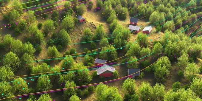 A digital rendering of colorful lines running through an aerial view of trees and sparse houses in a rural community. HUBER & STARKE/GETTY IMAGES