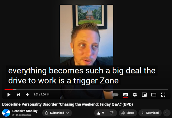 https://www.youtube.com/watch?v=egIFGTRoFMM
Borderline Personality Disorder "Chasing the weekend: Friday Q&A." (BPD)
82 views  20 Sept 2024
In this episode of the BPD Live Show with Sensitive Stability, host Kevin Reynolds discusses the topic  "Chasing the weekend: Friday Q&A". As a BPD survivor himself, Kevin provides insights into his process of coaching clients through BPD, emphasizing the importance of personal connections and understanding individual stories.