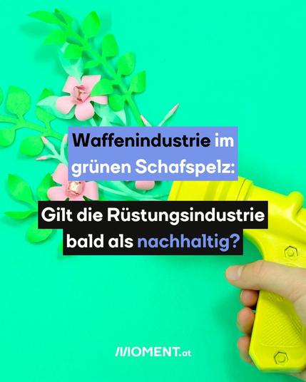 Eine gelbe Plastikpistole in der Hand einer Person, aus der grüne Blätter und rosafarbene Blumen herauskommen. Der Hintergrund ist hellgrün. Darüber liegt ein Text: ‚Waffenindustrie im grünen Schafspelz: Gilt die Rüstungsindustrie bald als nachhaltig?‘ Unten im Bild steht das Logo ‚MOMENT.at‘.