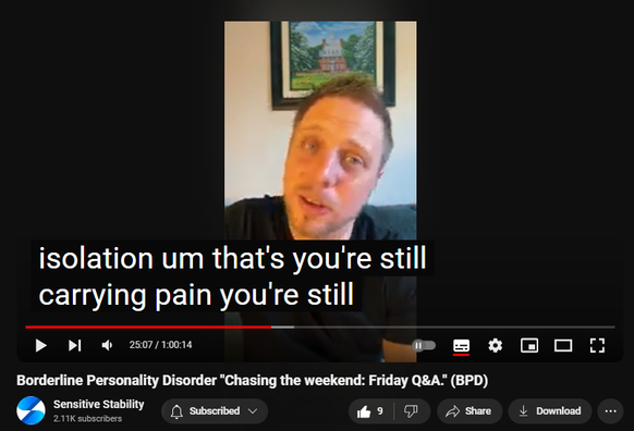 https://www.youtube.com/watch?v=egIFGTRoFMM
Borderline Personality Disorder "Chasing the weekend: Friday Q&A." (BPD)

82 views  20 Sept 2024
In this episode of the BPD Live Show with Sensitive Stability, host Kevin Reynolds discusses the topic  "Chasing the weekend: Friday Q&A". As a BPD survivor himself, Kevin provides insights into his process of coaching clients through BPD, emphasizing the importance of personal connections and understanding individual stories.