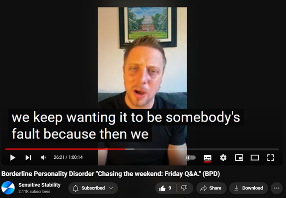 https://www.youtube.com/watch?v=egIFGTRoFMM
Borderline Personality Disorder "Chasing the weekend: Friday Q&A." (BPD)

82 views  20 Sept 2024
In this episode of the BPD Live Show with Sensitive Stability, host Kevin Reynolds discusses the topic  "Chasing the weekend: Friday Q&A". As a BPD survivor himself, Kevin provides insights into his process of coaching clients through BPD, emphasizing the importance of personal connections and understanding individual stories.