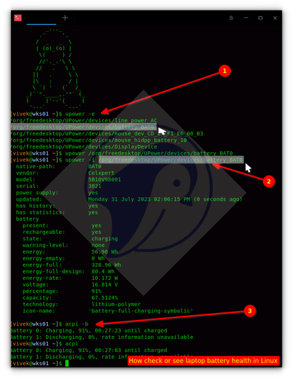 Various Linux commands to check and show laptop battery health in Linux.