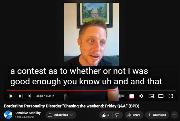 https://www.youtube.com/watch?v=egIFGTRoFMM
Borderline Personality Disorder "Chasing the weekend: Friday Q&A." (BPD)

83 views  20 Sept 2024
In this episode of the BPD Live Show with Sensitive Stability, host Kevin Reynolds discusses the topic  "Chasing the weekend: Friday Q&A". As a BPD survivor himself, Kevin provides insights into his process of coaching clients through BPD, emphasizing the importance of personal connections and understanding individual stories.