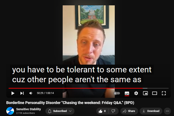 https://www.youtube.com/watch?v=egIFGTRoFMM
Borderline Personality Disorder "Chasing the weekend: Friday Q&A." (BPD)

83 views  20 Sept 2024
In this episode of the BPD Live Show with Sensitive Stability, host Kevin Reynolds discusses the topic  "Chasing the weekend: Friday Q&A". As a BPD survivor himself, Kevin provides insights into his process of coaching clients through BPD, emphasizing the importance of personal connections and understanding individual stories.