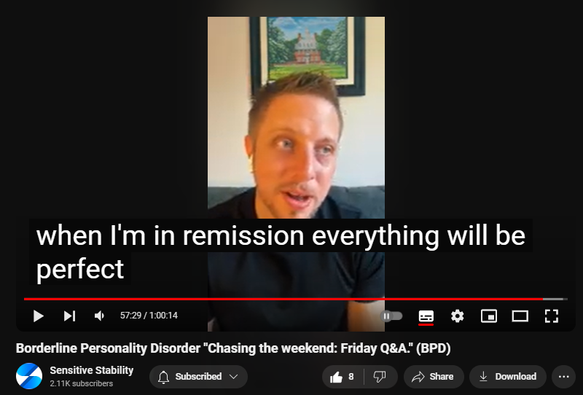 https://www.youtube.com/watch?v=egIFGTRoFMM
Borderline Personality Disorder "Chasing the weekend: Friday Q&A." (BPD)

83 views  20 Sept 2024
In this episode of the BPD Live Show with Sensitive Stability, host Kevin Reynolds discusses the topic  "Chasing the weekend: Friday Q&A". As a BPD survivor himself, Kevin provides insights into his process of coaching clients through BPD, emphasizing the importance of personal connections and understanding individual stories.