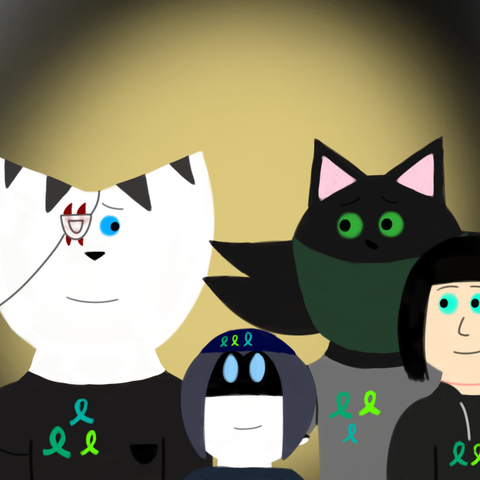 Drawing of Minea looking lovingly at Jupiter, Millie and Minerva while Jupiter is also looking at Minea lovingly and Millie and Minerva look happily at Minea. Minea, Jupiter and Millie are wearing ribbons on their shirt and Minerva is wearing ribbots on her hat