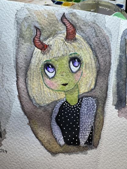 Cute devil/demon girl with a light blonde bob haircut with fringes, big bright violet eyes and a purple dress with white dots. 