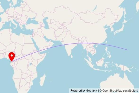 A map showing the great circle route from Saipan Municipality in the United States to a map pin at Akam's church, Carretera Niefang - Añisoc, Añisoc, Equatorial Guinea