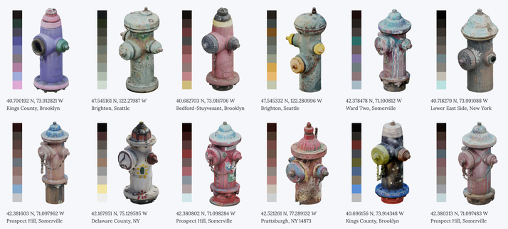 12 colorful city fire hydrants, each with their respective color gradient.