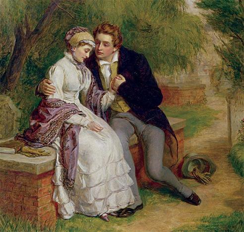 The 1877 painting “The Lover's Seat: Shelley and Mary Godwin in Old St Pancras Churchyard” by William Powell Frith.
