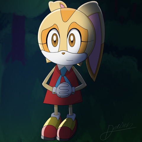 Cream looking worried in a dark forest