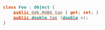 class Foo : Object {
    public Gdk.RGBA tan { get; set; }
    public double tan (double x);
}
