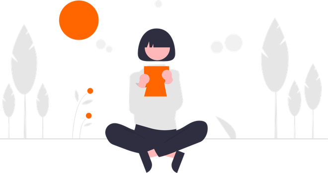 Drawing of a woman seated on the floor and reading a book, in a natural landscape.