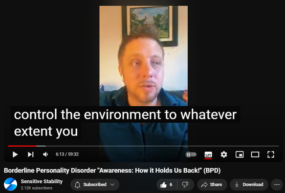 https://www.youtube.com/watch?v=POvIBSbnTtg
Borderline Personality Disorder "Awareness: How it Holds Us Back!" (BPD)
70 views  18 Sept 2024
In this episode of the BPD Live Show with Sensitive Stability, host Kevin Reynolds discusses the topic  "Awareness: How it Holds Us Back!" As a BPD survivor himself, Kevin provides insights into his process of coaching clients through BPD, emphasizing the importance of personal connections and understanding individual stories.