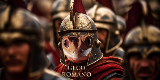 Un primer plano épico de un soldado romano rodeado por otros soldados romanos, pero el soldado romano enfocado es en realidad un lagarto Geco que no sabe muy bien dónde se ha metido. Un texto en fuente Times New Roman y textura de metal oxidado dice "Geco Romano". Y además, la firma del autor de esta tontería, @GabiFromEnon, está arteramente oculta en un lugar estratégico del diseño. 