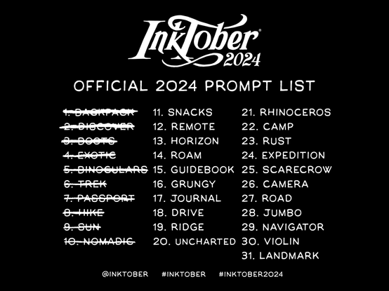 Inktober 2024 prompt list with days 1-10 crossed off.