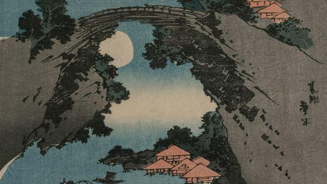 Japanese print of moon, houses, bridge and water.