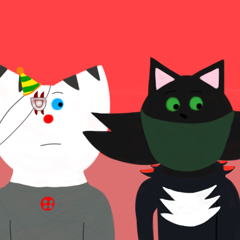 Drawing of Minea looking at Jupiter while Jupiter looks down. Minea is dressed up as Ennard and Jupiter is dressed up as Shadow the Hedgehog