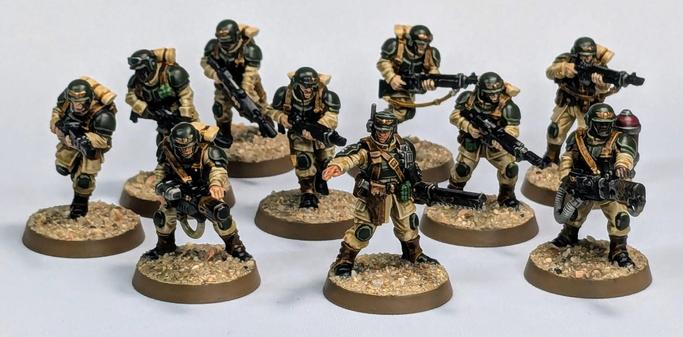 Cadian Shock Troops painted in the standard scheme.