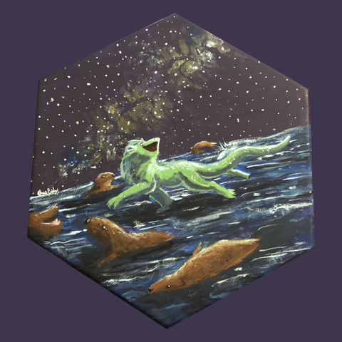 A green reptilian creature turns its head up towards the night sky with an expression of awe, sprinting across a rippling ocean. Californian Sea Lions swim next to the reptile.
