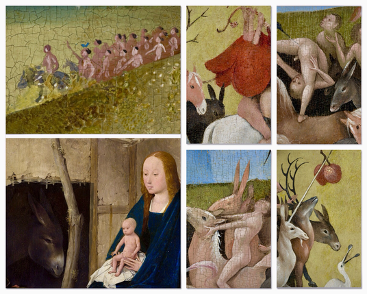 The glorious entry has never been noticed by Bosch authors, but is a group of people in a long line, with in front a figure on a donkey, accompanied by a young donkey. In the stable of Bethlehem can be seen Mary and baby J. , and a donkey is looking inside. The parade of men on the Garden painting shows them circling young women, seated on a variety of male mounts, among which some 4 donkeys. The men are exalted and do acrobatic tricks..