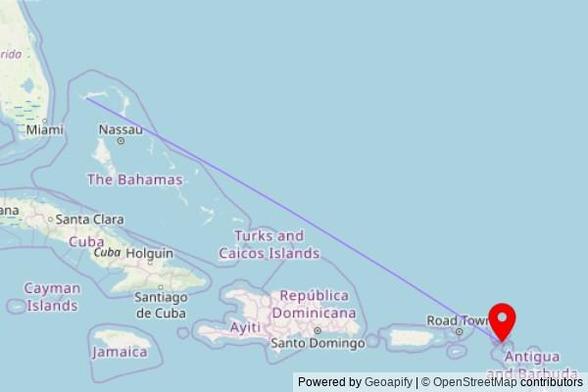 A map showing the great circle route from City of Freeport in the Bahamas to a map pin at St Maarten Islamic Center, Puma Road 26, Philipsburg, Netherlands