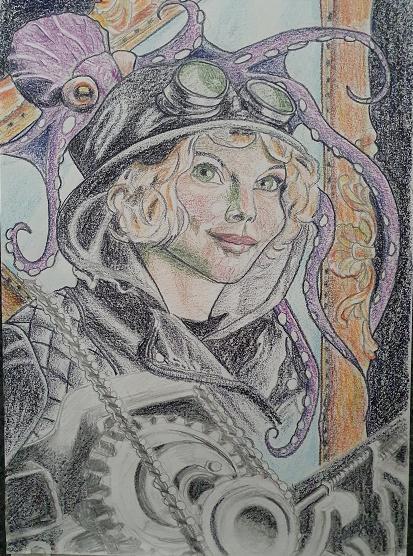 ID Woman with hood up wearing cap with goggles on the front/top of the hat, she is also wearing a leather padded jacket. At Chest height are some cogs with a bicycle chair that cuts across the bottom left hand corner of the image. above her head with tentacles entwining and reaching down the picture, is a purple octopus with white suckers. Diagonally across the right top of the page is the edge of a gold frame and this is also a theme down the right side of the image. Within the frame is mirror glass.