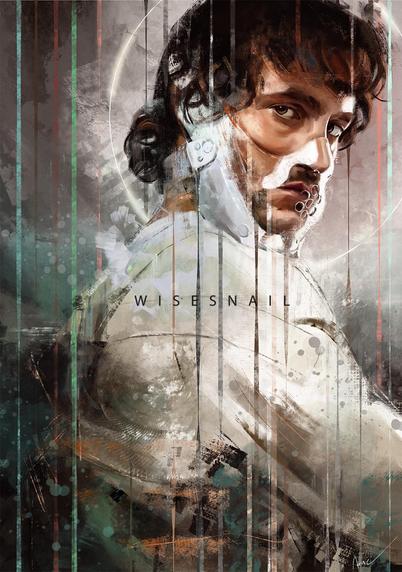 Portrait of Will Graham wearing the iconic transparent mask and straightjacket. He is partially turned but he's looking at the viewer, showing a three quarter view of his face. The background is in tones of dark pink , blues and greys, and a white halo surrounds his head.

