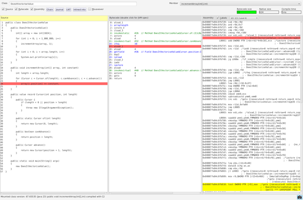 Screenshot of JITWatch demonstrating a Valhalla build of JDK23 vectorising an array-incrementing loop. Example code by René Kraneis