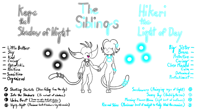 Big sis Hikari and little brother Kage of day and night shifts. Full reference about the Siblings in this link https://www.deviantart.com/jschase/art/The-Siblings-reference-sheet-1043011035