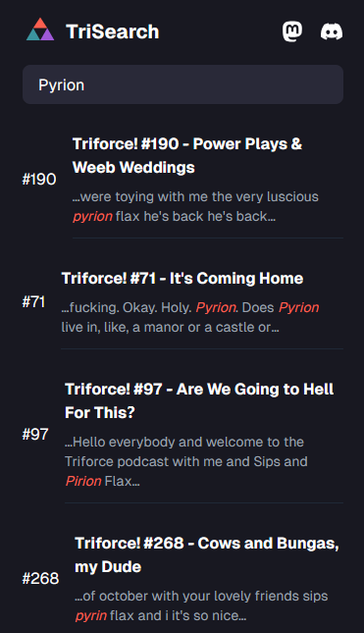 A web-app search engine returning podcast episodes based on search terms found within their transcripts.