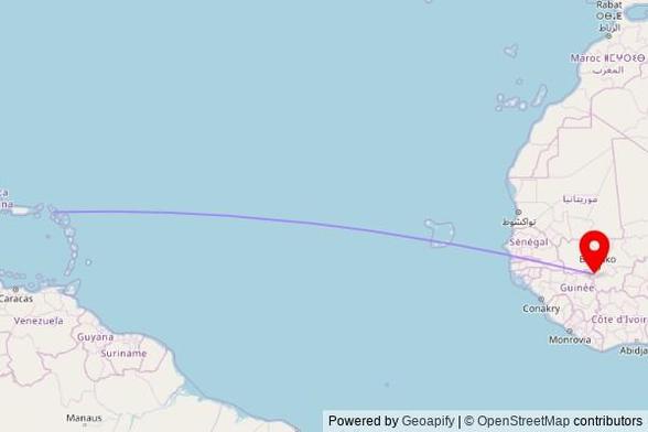 A map showing the great circle route from Philipsburg in the Netherlands to a map pin at Mosquee de Kangaba, RN26, Deguela, Mali