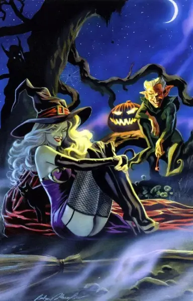 an illustration of lady death, sitting down on the ground, goblin guys in the shadows around her, a cloudy sky with  a crescent moon above in the dark blue night sky, stars in the sky, a jack-o-lantern on a root shining light onto her, she smiles at the viewer, a black cat behind her 