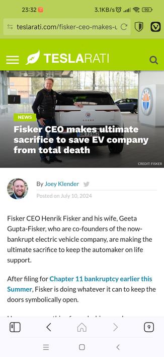 Article headline and opening paragraph saying the Fisker CEO and his wife will make the ultimate sacrifice to save their business. 
