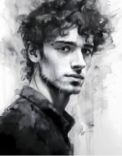 This handsome looking Romeo with his rugged looks, dark unruly hair, chisled face and amazing eyes is available here:
ROMEO is now available here in your choice of media and size:
https://www.uniquefaces.art/2082615/Romeo.html 
